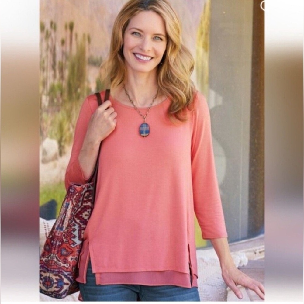 Soft Surroundings Marique Tunic Coral Top 3/4 Sleeve Medium - Picture 1 of 6